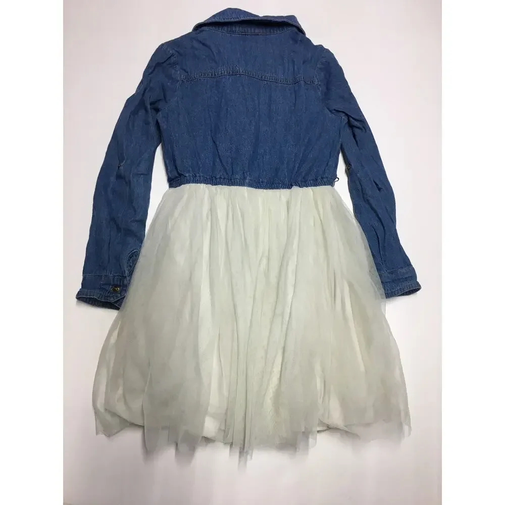 Lilt Jean Dress Button Up Tulle Ruffle Bottom Long Sleeve Girls M 7/8